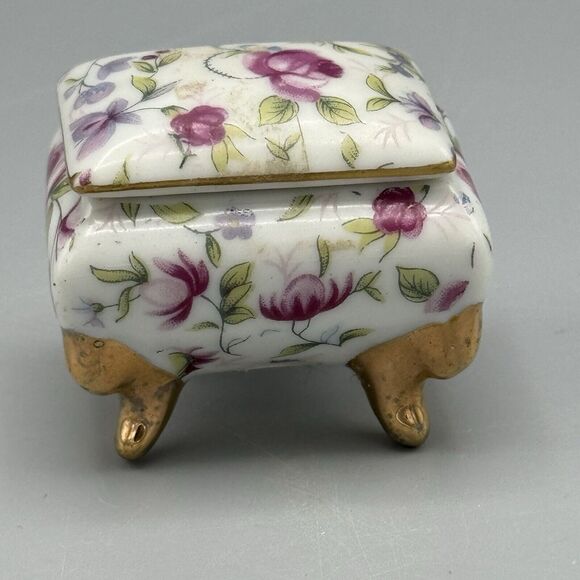 Vtg Footed Rectangle Trinket Box Lid Floral Vanity Glam Victorian Porcelain B141 - Picture 9 of 13